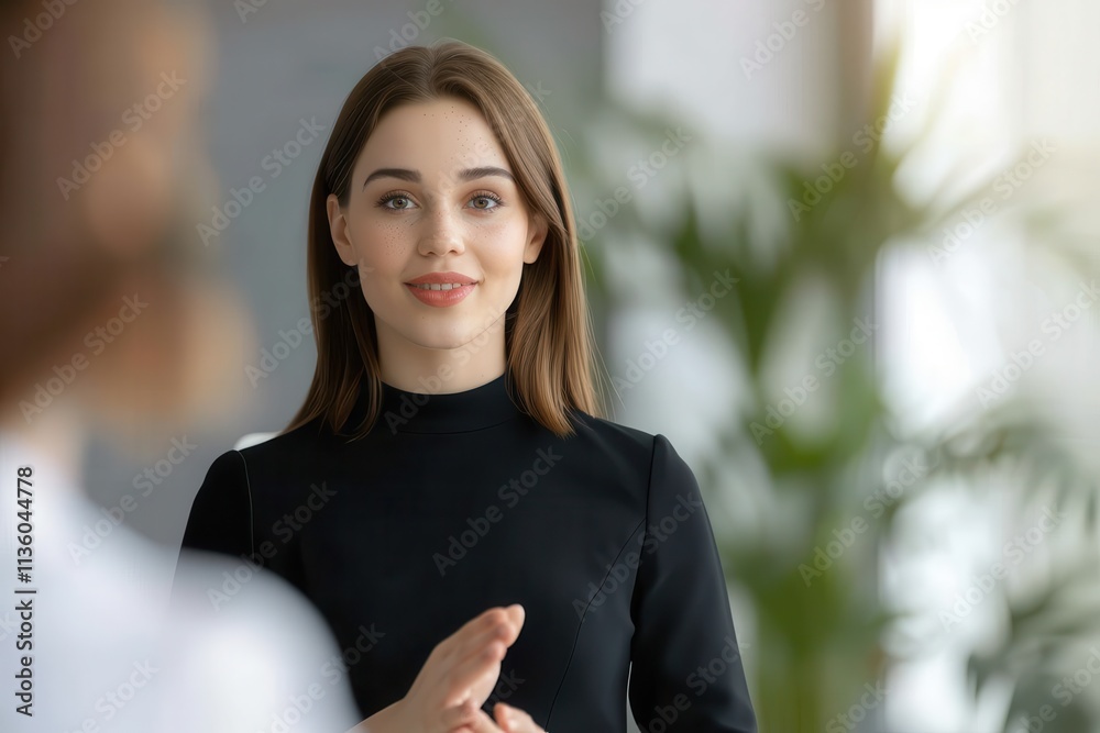 A young woman in a black outfit smiles and engages in conversation, surrounded by a bright, green, plant-filled environment. A young woman in a black outfit smiles and engages in conversation, surrounded by a bright, green, plant-filled environment.