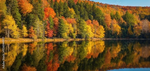  A tranquil lake, reflecting the colors of a vibrant autumn forest