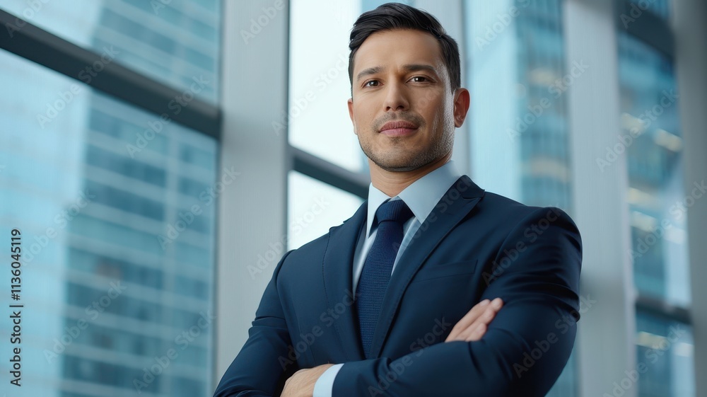 A confident businessman stands with arms crossed, dressed in a formal suit, against a backdrop of modern skyscrapers and large windows. A confident businessman stands with arms crossed, dressed in a formal suit, against a backdrop of modern skyscrapers and large windows.
