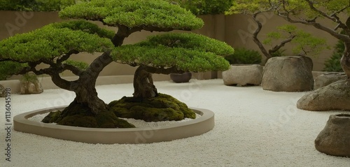 A tranquil Zen garden, meticulously raked with white gravel and adorned with ancient bonsai trees