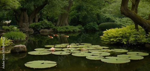  A tranquil pond with lily pads and koi fish, surrounded by ancient trees, cinematic photography