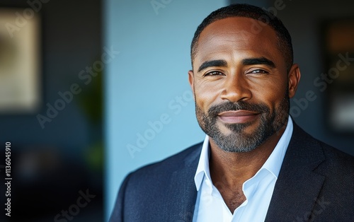 Portrait of a smiling, confident African American businessman in a suit, studio background