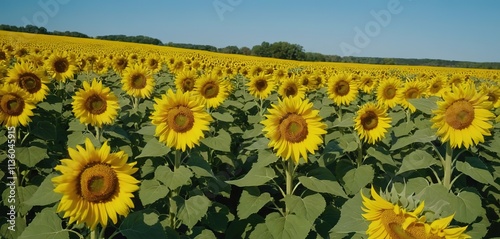  A vibrant sunflower field at midday, the bright yellow petals reaching towards the blue sky