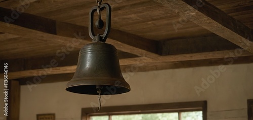 A vintage school bell, hanging from a weathered ceiling, its rich patina a symbol of tradition