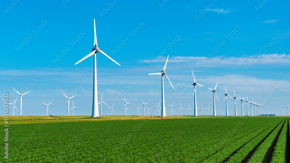 Windmill Turbines Generating Renewable Energy Under Clear Skies in the Netherlands Windmill Turbines Generating Renewable Energy Under Clear Skies in the Netherlands