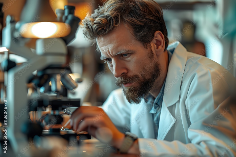 A focused scientist studies samples under a microscope in a modern lab environment. A focused scientist studies samples under a microscope in a modern lab environment.