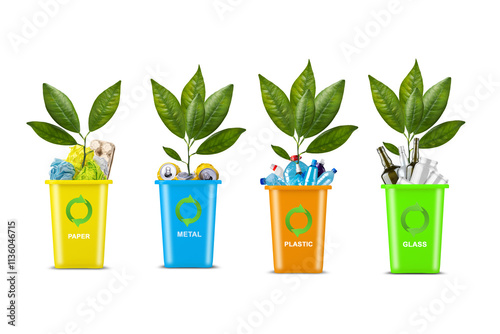 Different colored trash cans. With a recycling icon and green sprout with leaves. Isolated on a white background. Garbage sorting. Ecology. Garbage