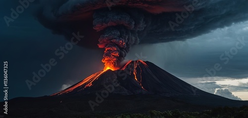 A volcanic eruption illuminating a dark, stormy sky