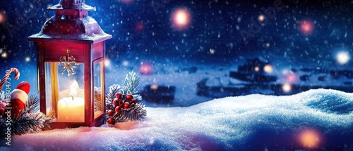 Magical Christmas Lantern in Snowy Winter Night Scene