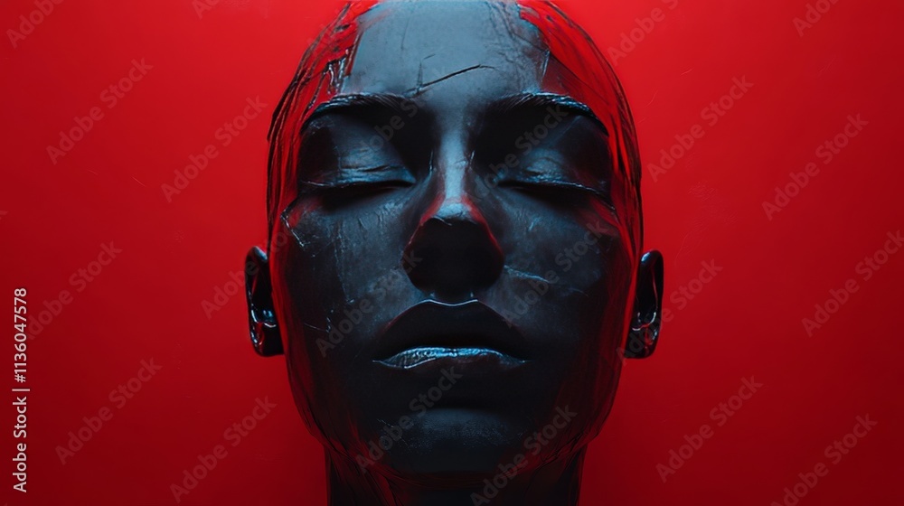 A woman's face is shown in a black and red background A woman's face is shown in a black and red background
