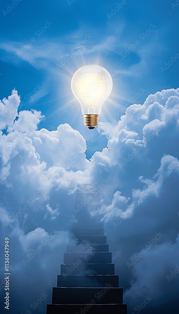 A symbolic journey of stairs ascending towards a radiant light bulb amidst a cloudy blue sky A symbolic journey of stairs ascending towards a radiant light bulb amidst a cloudy blue sky