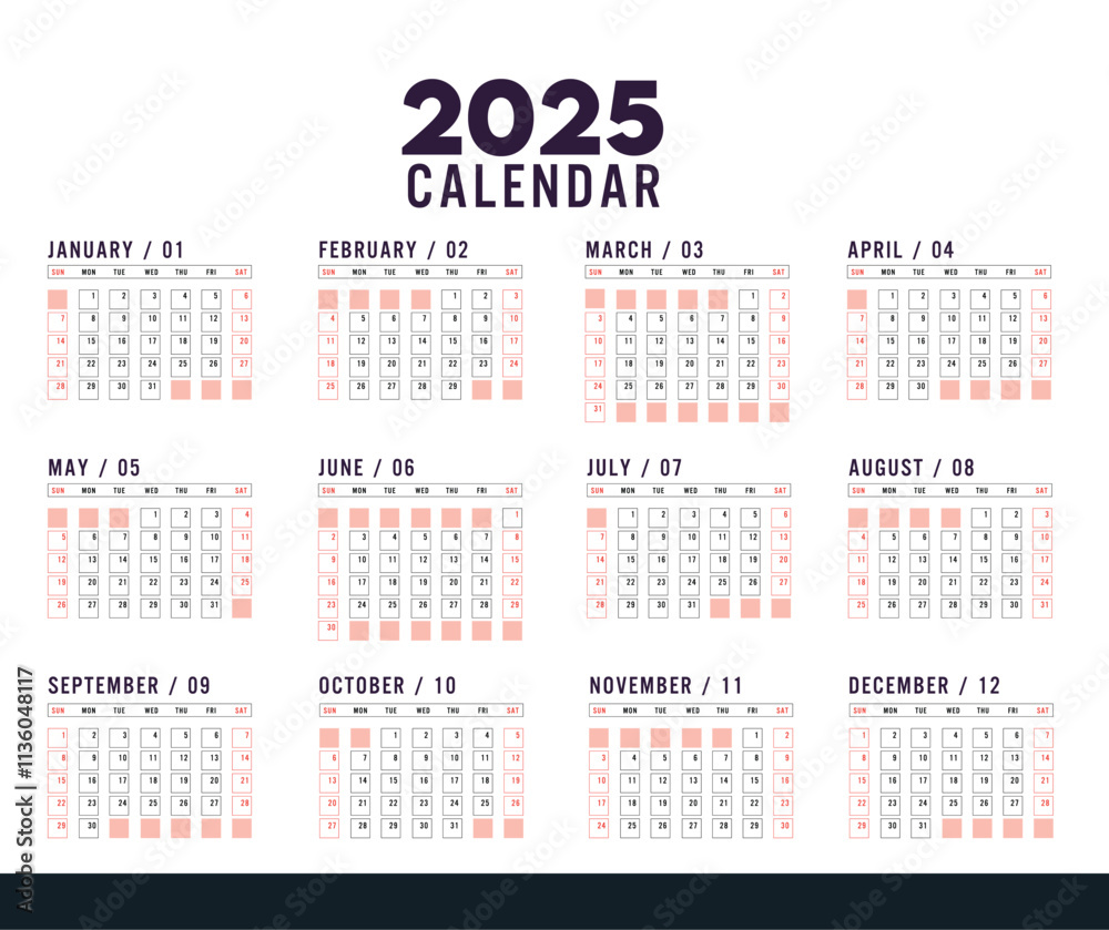 Calendar 2025 week start Sunday corporate design template vector. Cover calendar 2025. Calendar 2025 week start Sunday corporate design template vector. Cover calendar 2025.