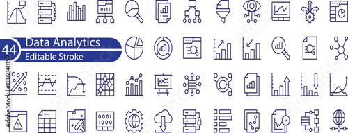 Data analytics icon collection set. Containing chart, forecast prediction, useful information, decision making, business intelligence, data mining, effective icons set and more.