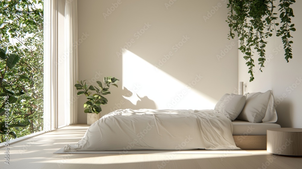 Fototapeta premium Serene minimal bedroom design modern home interior photography bright environment aesthetic viewpoint tranquil concept