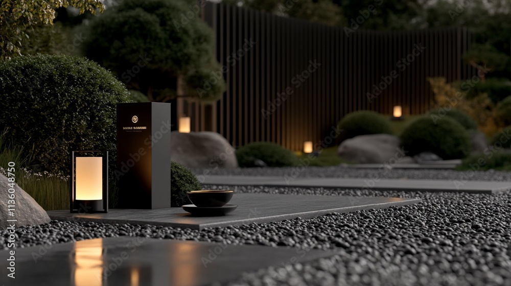 Obraz premium Evening scene with zen garden, lights, stones, and tableware.