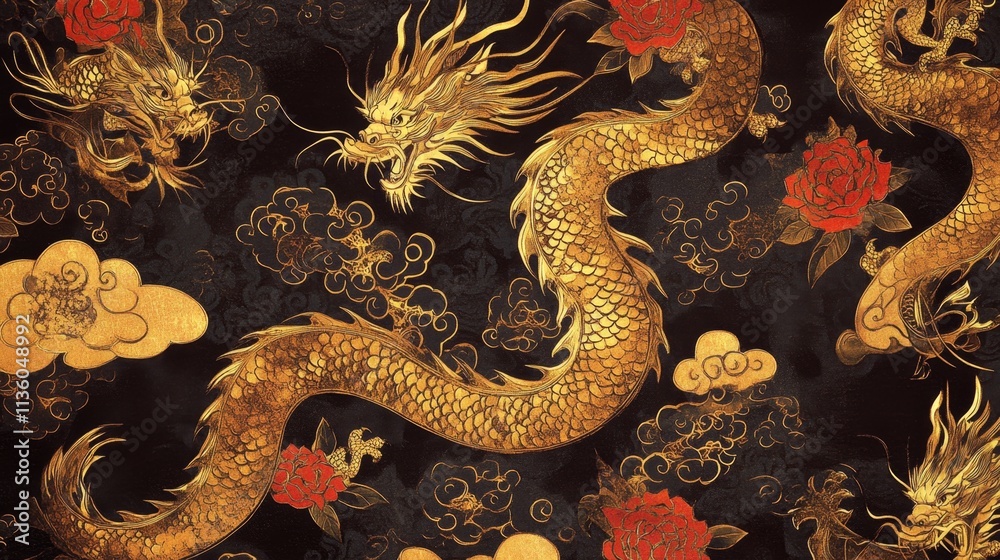 Majestic golden dragon and roses traditional artwork asia decorative design high-contrast mythical symbolism Majestic golden dragon and roses traditional artwork asia decorative design high-contrast mythical symbolism