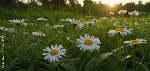 Dew-covered daisies surrounded by lush green foliage, bathed in the soft glow of dawn