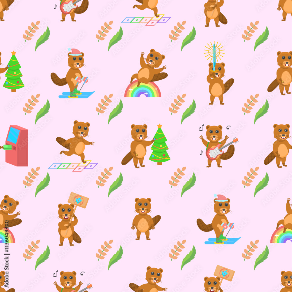 Naklejka premium Seamless Pattern Abstract Flat Cartoon Different Animal Beavers Vector Design Style Elements Fauna Wildlife