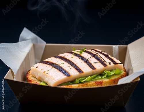 there is a sandwich with meat and lettuce in a box. photo