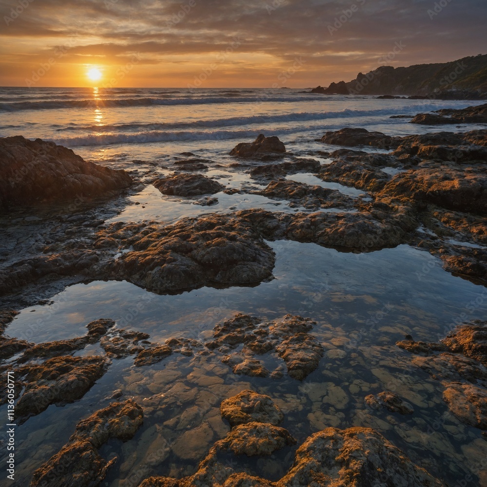 Naklejka premium Sunset at a Rocky Beach with Tide Pools