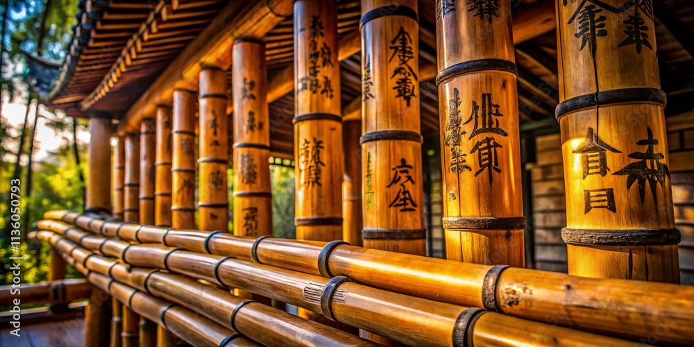 Obraz premium Bamboo Architecture Lettering Photography: Elegant Asian Calligraphy on Rustic Bamboo Structure