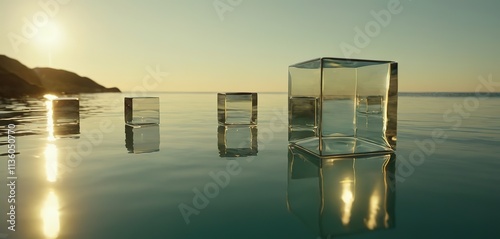 ransparent, floating geometric cubes in varying sizes, casting soft reflections on a smooth surface