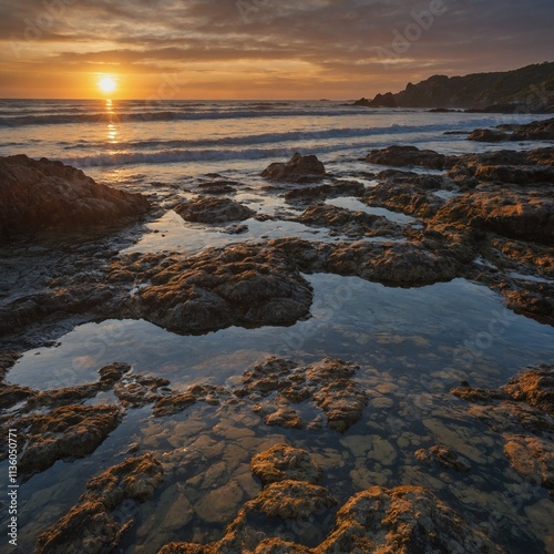 Sunset at a Rocky Beach with Tide Pools