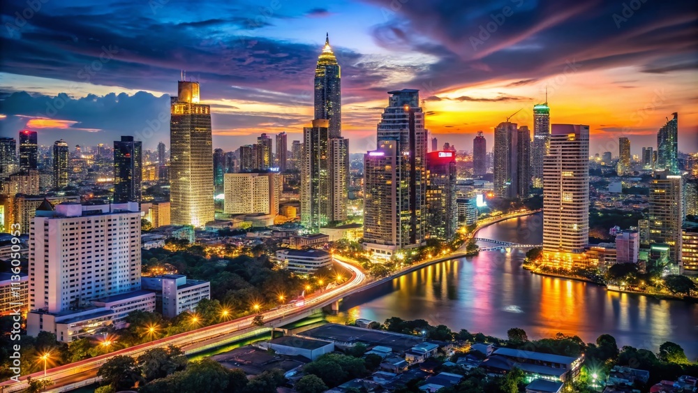 Fototapeta premium Bangkok Skyline Panorama: Stunning Thailand Cityscape at Night