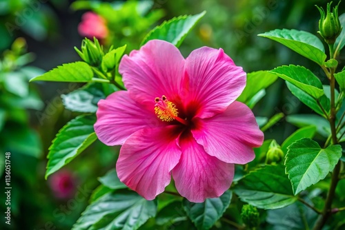 Beautiful Candid Photography of Pink Flowering Hibiscus Surrounded by Lush Green Buds and Leaves in a Natural Tropical Setting, Highlighting the Vibrancy of Nature's Palette