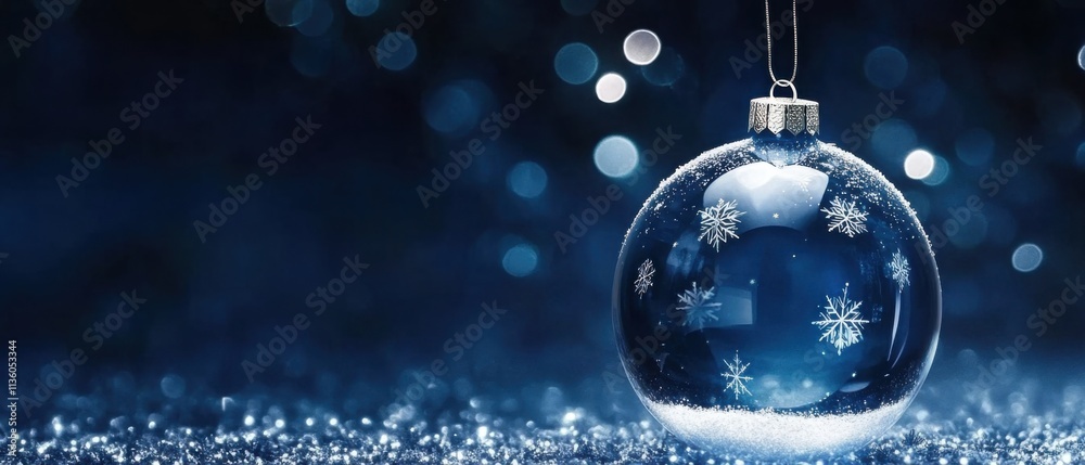 Sparkling Blue Christmas Ornament with Snow and Glitter Background Sparkling Blue Christmas Ornament with Snow and Glitter Background