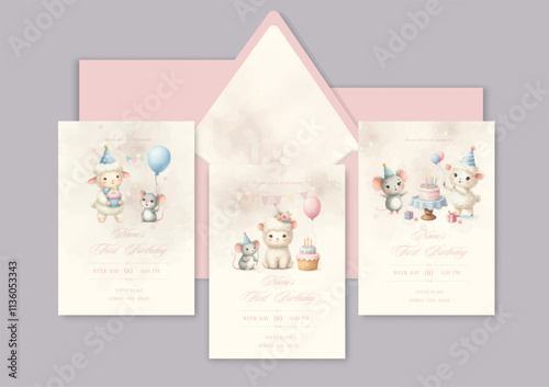 Watercolor Invitation Birthday Template card with animal friends celebrate birthday with cake and gifts.