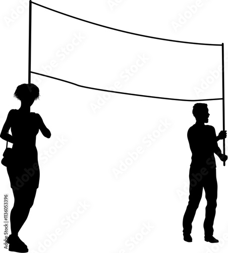 Two protestors or demonstrators at a demonstration march, picket line or strike protest rally in silhouette. Holding up a banner sign.