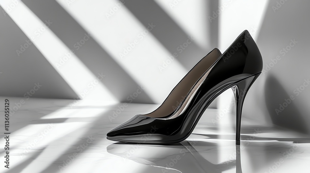 A single black high-heeled pump with a pointed toe, on a white background. A single black high-heeled pump with a pointed toe, on a white background.
