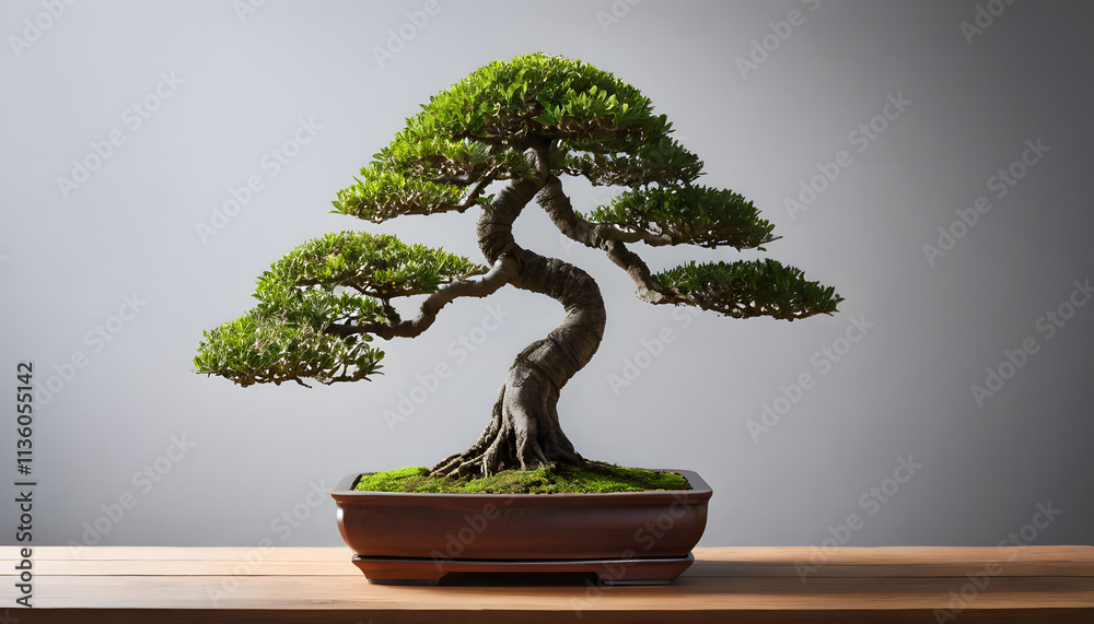 An artistic bonsai tree displayed on a wooden table against a minimalist background An artistic bonsai tree displayed on a wooden table against a minimalist background