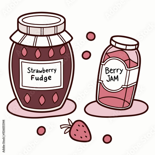 Jars of Strawberry Fudge Berry Jam Sweet Treats Homemade Preserves Food Illustration