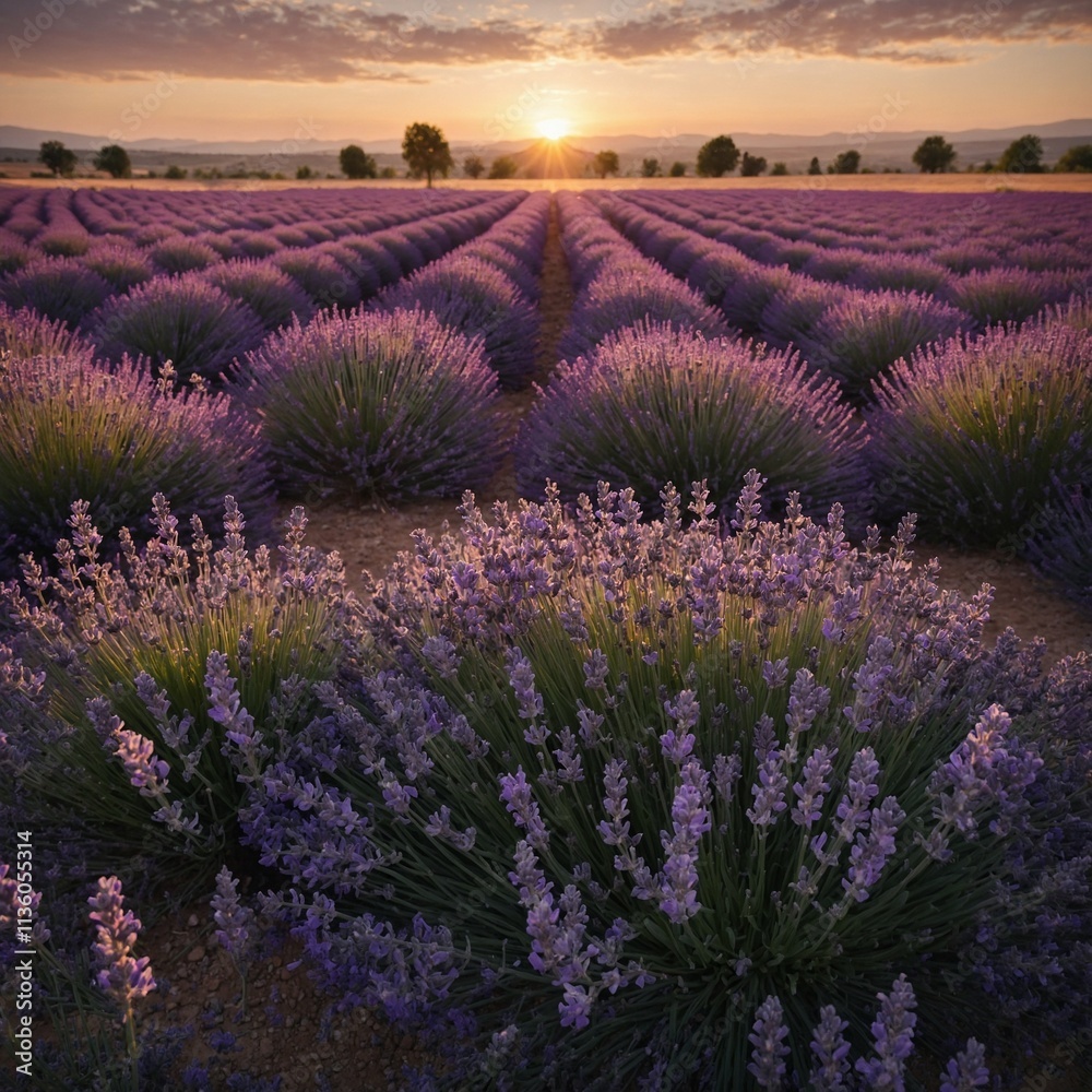 Naklejka premium Blooming Lavender Fields at Sunrise