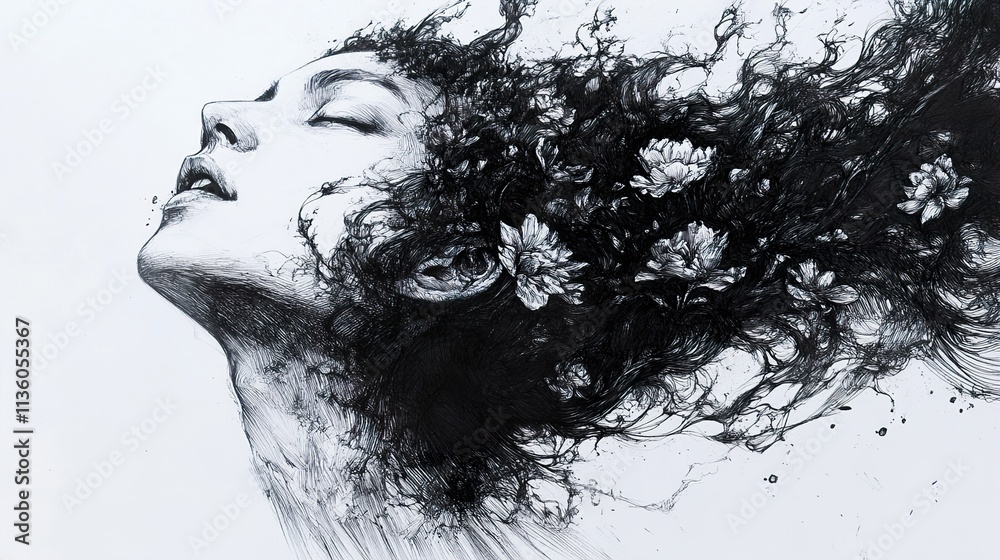 Woman with Flowers in Hair: Monochrome Ink Drawing Woman with Flowers in Hair: Monochrome Ink Drawing