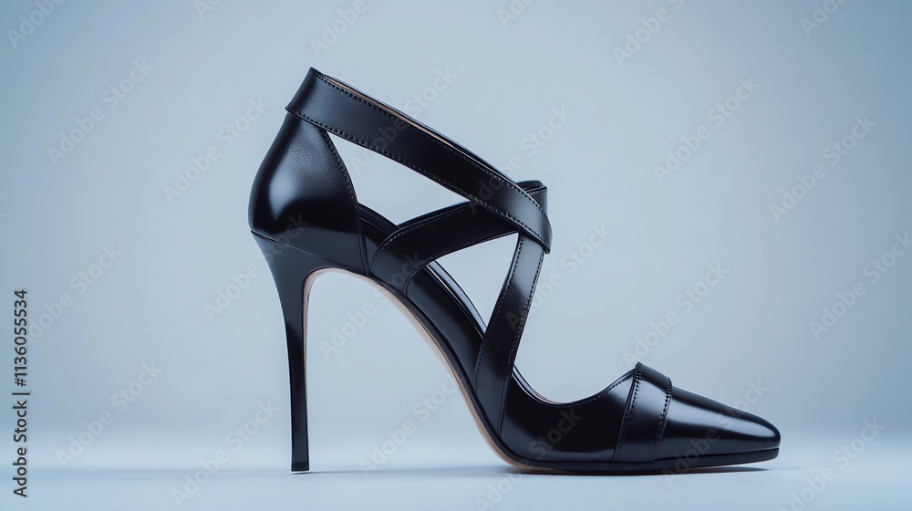 A single black high-heeled shoe with a strap and a pointed toe. A single black high-heeled shoe with a strap and a pointed toe.