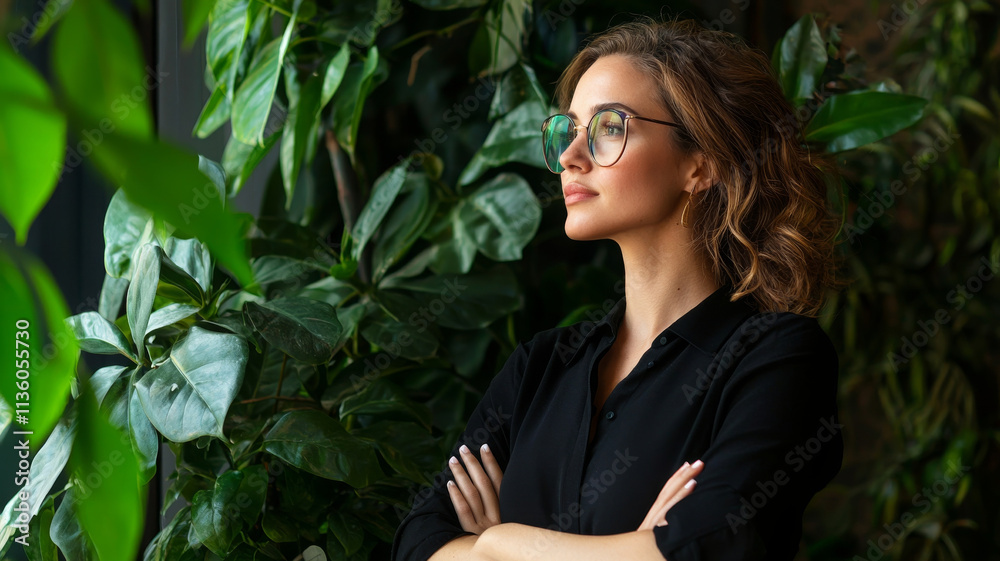 Confident woman in glasses standing by window with plants Confident woman in glasses standing by window with plants