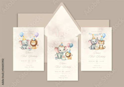 Watercolor Invitation Birthday Template card with animal friends celebrate birthday with cake and gifts.