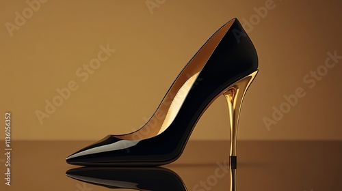 A single black high-heeled pump with a pointed toe and gold heel. photo