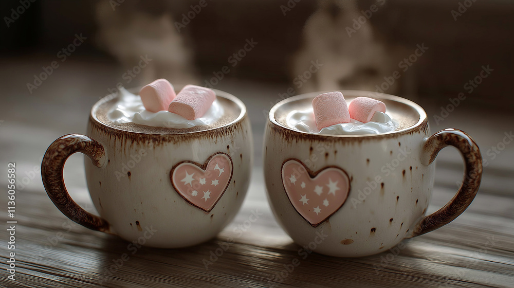 two mugs with cocoa and marshmallows with hearts for Valentine's day two mugs with cocoa and marshmallows with hearts for Valentine's day