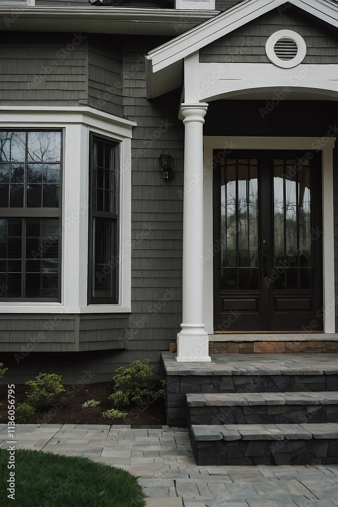 Front entrance of a gray house featuring a wooden door, white columns, and stone steps leading to a landscaped yard.
Front entrance of a gray house featuring a wooden door, white columns, and stone steps leading to a landscaped yard.