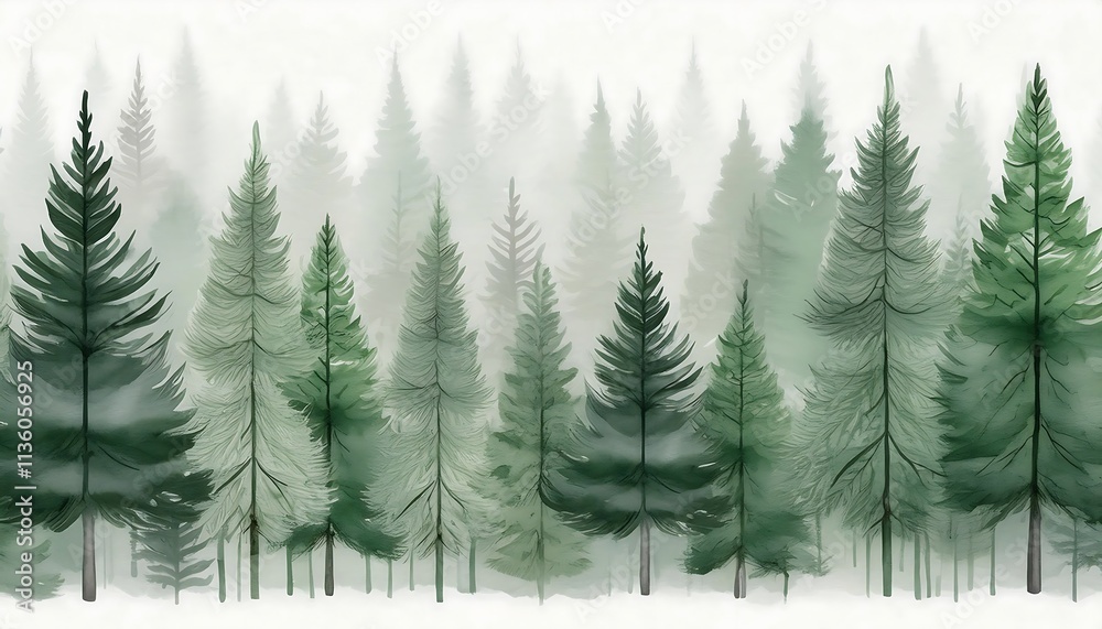 Misty fir trees create a seamless pattern with shades of green and grey for a serene natural atmosphere. Generative AI Misty fir trees create a seamless pattern with shades of green and grey for a serene natural atmosphere. Generative AI