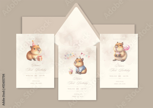 Watercolor Invitation Birthday Template card with animal capybara celebrate birthday with cake and gifts.