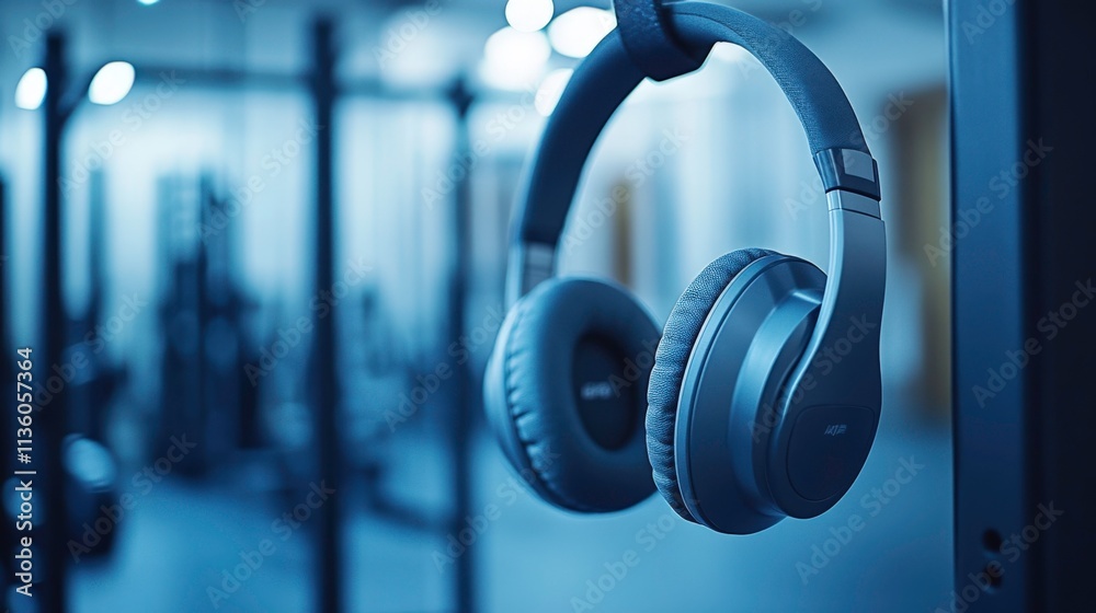 High-End Over-Ear Headphones with Matte Finish and Ergonomic Design Positioned on a Pull-Up Bar, Showcasing Gym Aesthetic with Subtle Motion and Soft Ambient Lighting