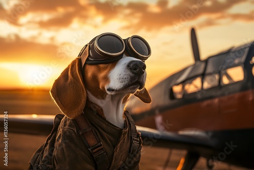 dog dressed as a pilot wearing aviator goggles near vintage airplane on runway at sunset with aviation theme and adventure photo