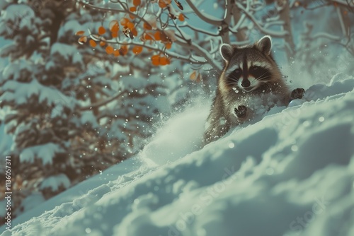 A playful raccoon frolics through the snow, surrounded by winter trees and vibrant leaves. photo