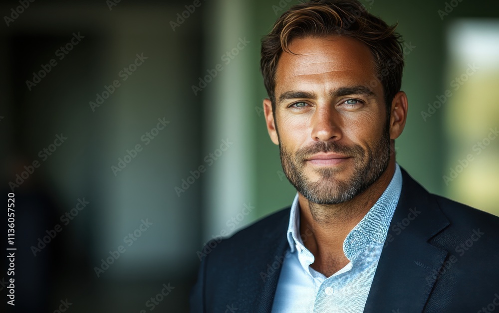 Confident businessman with a suit and a smile in a office background, He looking at the camera Confident businessman with a suit and a smile in a office background, He looking at the camera