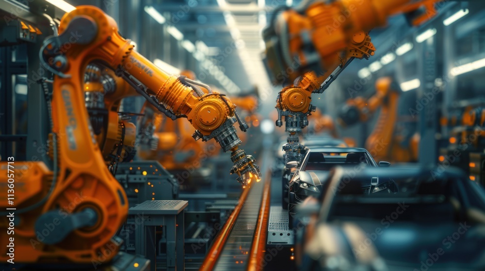 A modern automotive factory with robotic arms working on cars